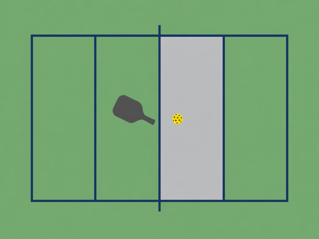 Flat illustration of a small court seen from above, with a net line, a shaded kitchen zone, a solid paddle and a perforated ball
