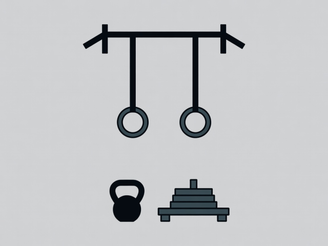 Flat illustration of two gymnastic rings hanging from a pull-up bar, with a kettlebell and a weighted sled on the floor below