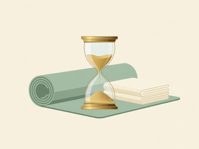 Flat illustration of an hourglass resting on a rolled exercise mat beside a folded towel, in muted green, cream and brass