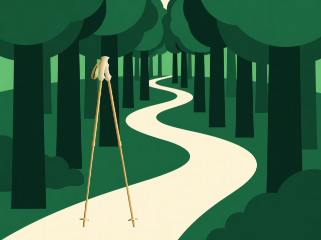 Flat illustration of a pair of walking poles beside a footpath that winds between stylised trees, drawn in green, cream and brass